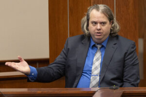 David Wilson Jr., associate general counsel and licensing director for the Nebraska Secretary of State’s Office, gives testimony on the first day of the civil trial to determine the validity of the medical marijuana ballot measures at the Lancaster County Courthouse on Tuesday, Oct. 29, 2024, in Lincoln.<br /> (Kenneth Ferriera-Pool / Lincoln Journal Star)