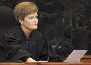 Lancaster County District Court Judge Susan Strong listens as evidence is presented on the first day of the civil trial to determine the validity of the medical marijuana ballot measures at the Lancaster County Courthouse on Tuesday, Oct. 29, 2024, in Lincoln.<br />(Kenneth Ferriera-Pool / Lincoln Journal Star)