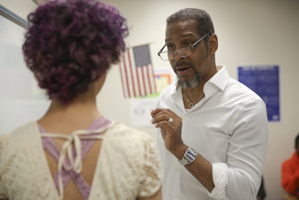 Kevyn Morrow instructs a student during a Nebraska High School Theatre Academy workshop in North Omaha. The academy is a statewide outreach and education program offered through Omaha Performing Arts.<br />(Photo courtesy of Omaha performing arts)