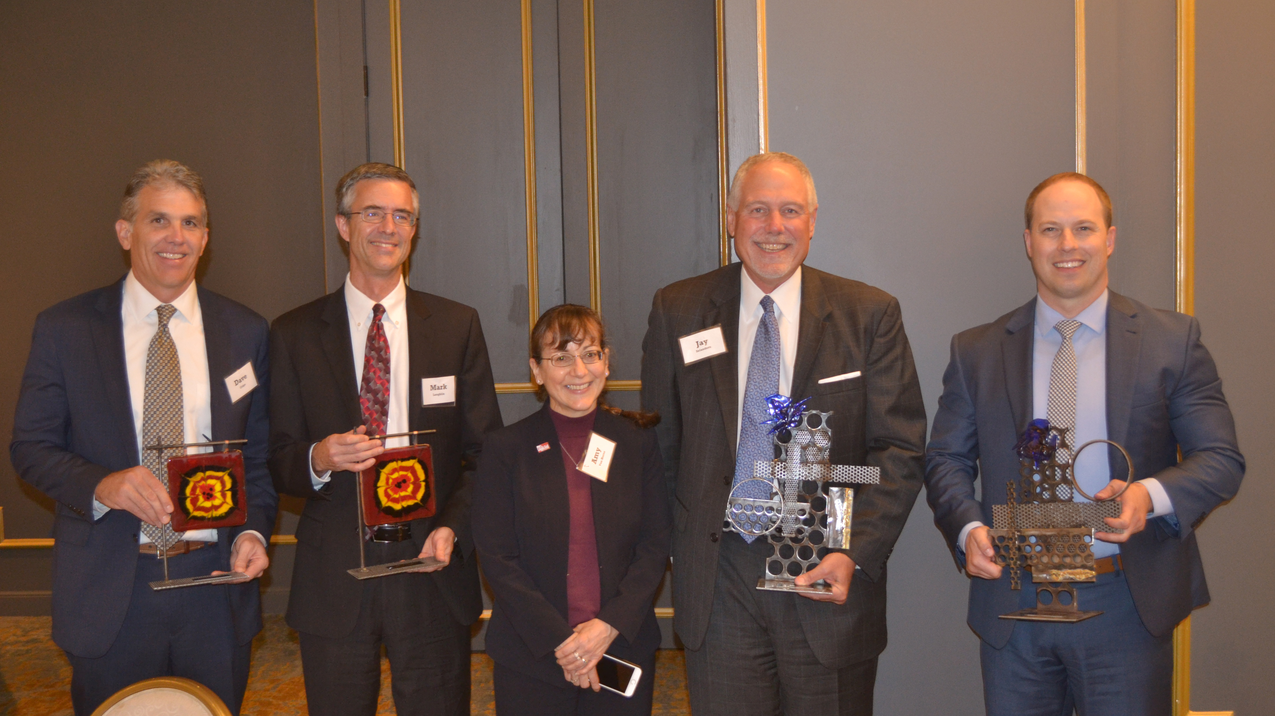 Recipients of the inaugural Equal Justice Awards, presented by Legal Aid of Nebraska, were, from left, David Cripe (Hauptman O’Brien), Mark Laughlin (Fraser Stryker), Amy Van Horne (Kutak Rock), Jay Selanders (Kutak Rock) and Jason L. Hansen (American National Bank). They received the awards during a reception at the Happy Hollow Country Club on Sept. 12, 2019. (Courtesy Legal Aid of Nebraska)