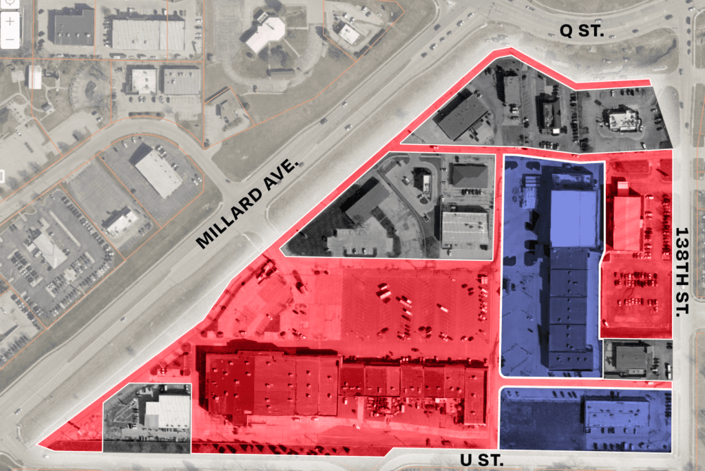 Lord of Hosts properties are shown in blue on this map, while Global Quest properties, an LLC that appears to be affiliated with the church, are shown in red. The church and related LLC have bought up millions in commercial real estate in the past few years.<br />(Map by Hanscom Park Studio via Flatwater Free Press)