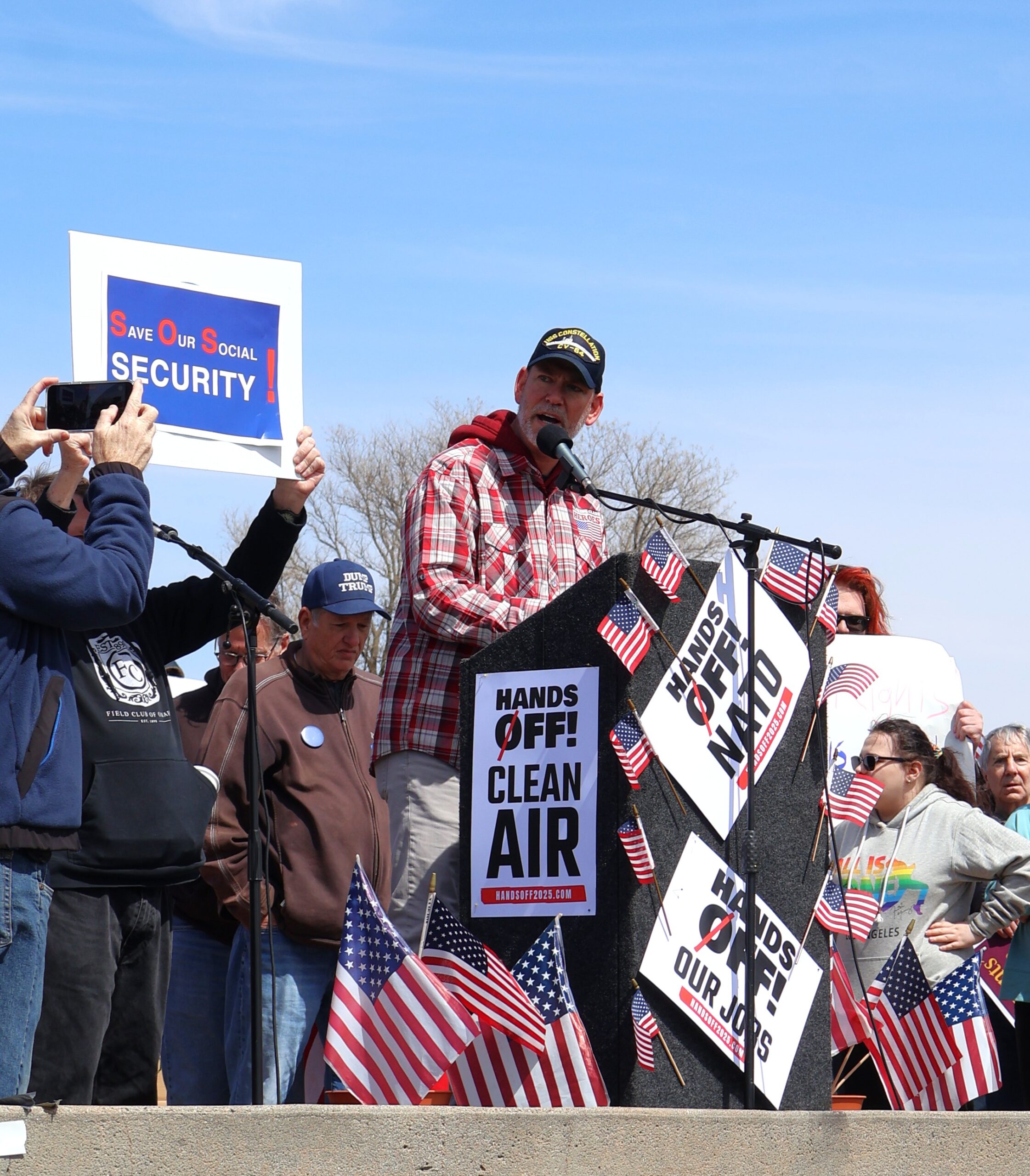 Former and possibly future U.S. Senate candidate Dan Osborn of Omaha speaks to the crowd gathered at Memorial Park in Omaha on Saturday, April 5, to protest the government spending cuts and other actions by the Trump administration.<br /> (Courtesy of Lucy Mason / The Gateway)