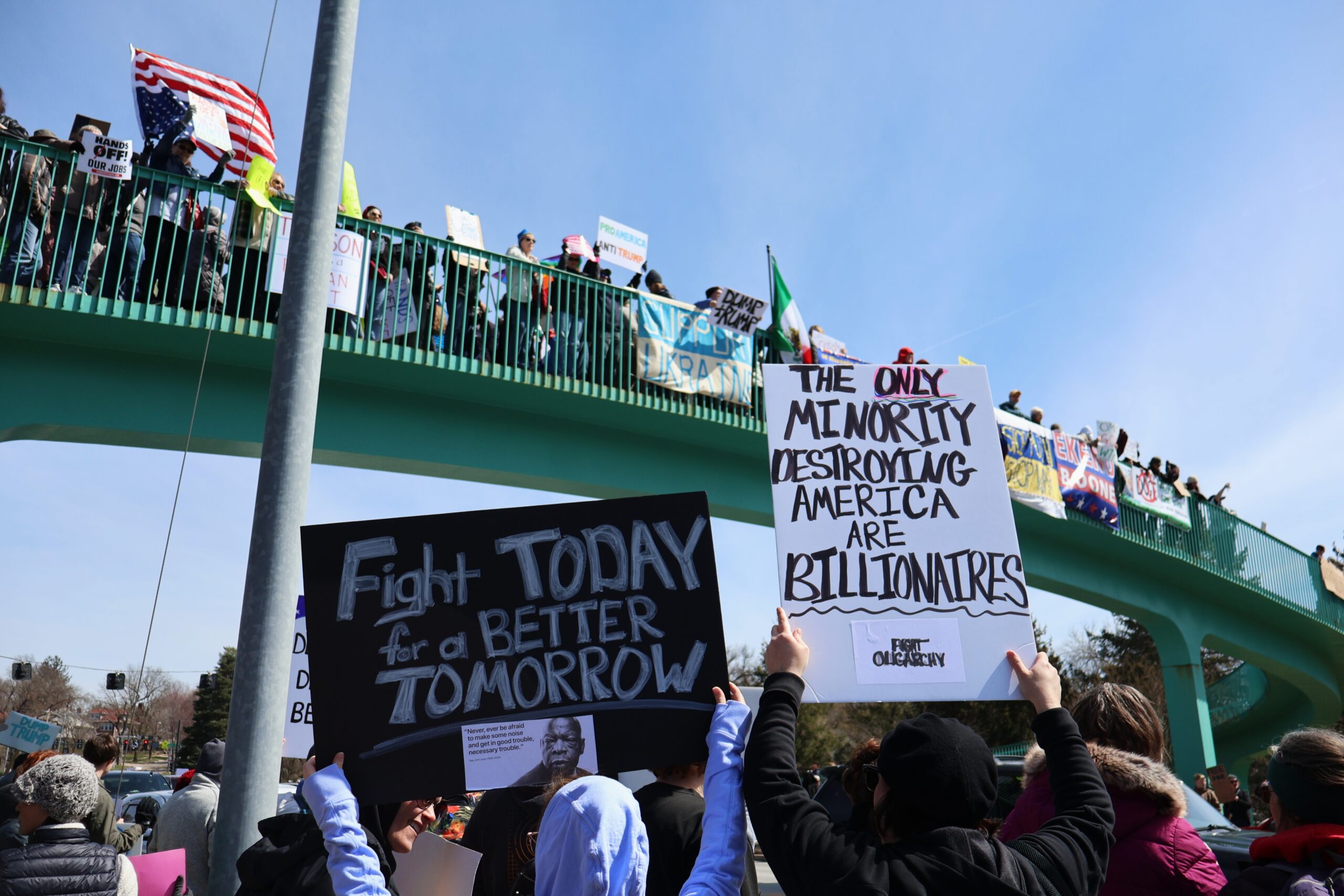The Dodge Street overpass is a common place for protesters to gather. It was full again on Saturday, April 5, 2025.<br /> (Courtesy of Lucy Mason / The Gateway)
