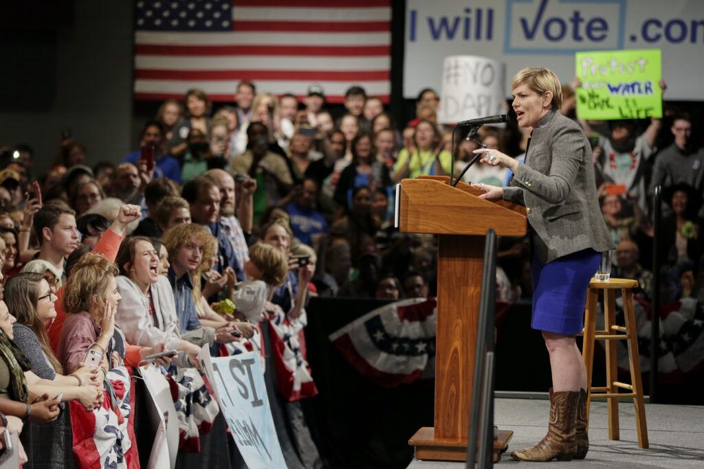 Nebraska Democratic Party chairwoman Jane Kleeb speaks before introducing Sen. Bernie Sanders, I-Vt., during a rally for Democratic presidential candidate Hillary Clinton in 2016 in Omaha.<br />(Nati Harnik / AP Photo)