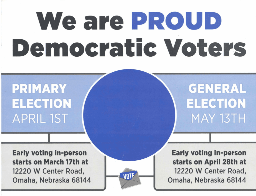 The back of a mail advertisement paid for by the Nebraska Democratic Party which offers information on voting in upcoming Omaha elections, but has no mention of the Democratic candidates for mayor.<br />(via Flatwater Free Press)