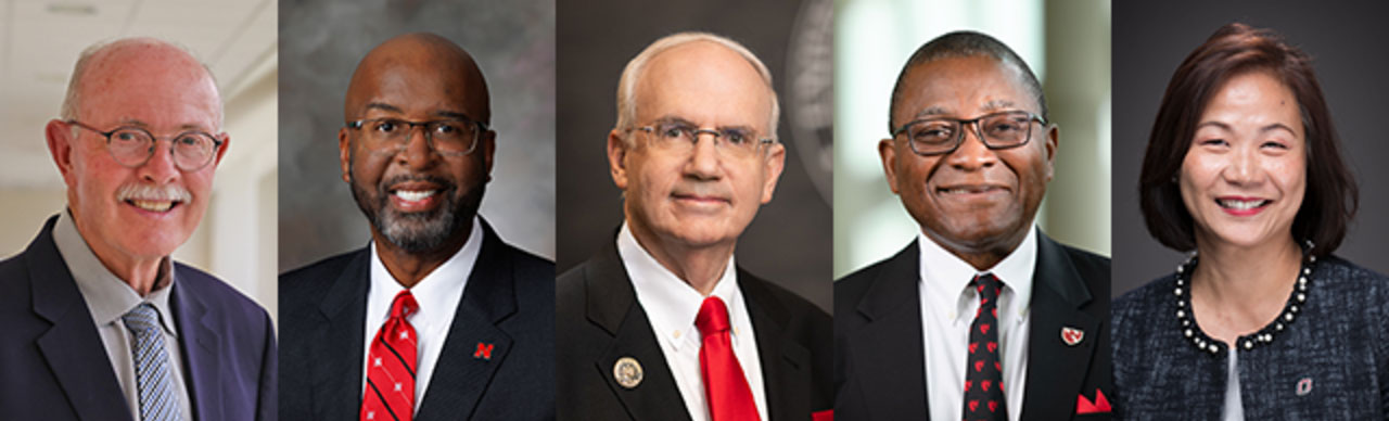 The leadership of the University of Nebraska system. From left: University of Nebraska at Kearney Chancellor Charlie Bicak (interim), University of Nebraska-Lincoln Chancellor Rodney Bennett, NU President Jeffrey Gold, University of Nebraska Medical Center Chancellor H. Dele Davies (interim) and University of Nebraska at Omaha Chancellor Joanne Li.<br />(Courtesy of University of Nebraska)