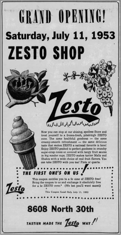 A July 1953 advertisement announced the opening of the Florence Zesto in the North Omaha Sun newspaper.<br />(Flatwater Free Press)