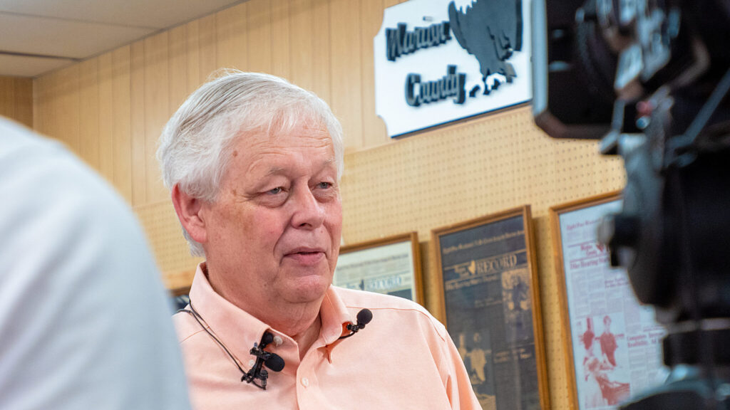 Marion County Record publisher and editor Eric Meyer talks to reporters during an Aug. 16, 2023, news conference at the newspaper office.<br />(Kansas Reflector / Sherman Smith)