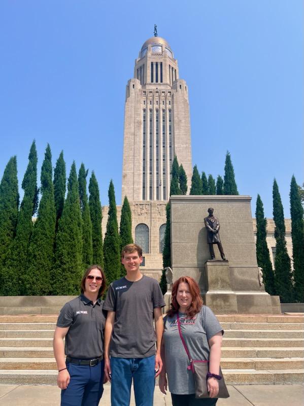 Heather Nelson (right) at the Nebraska State Capitol with Ideologix Insights team members Connor Mockenhaupt (left) and Connor Carpenter (center).<br /> (Courtesy of Ideologix Insights)
