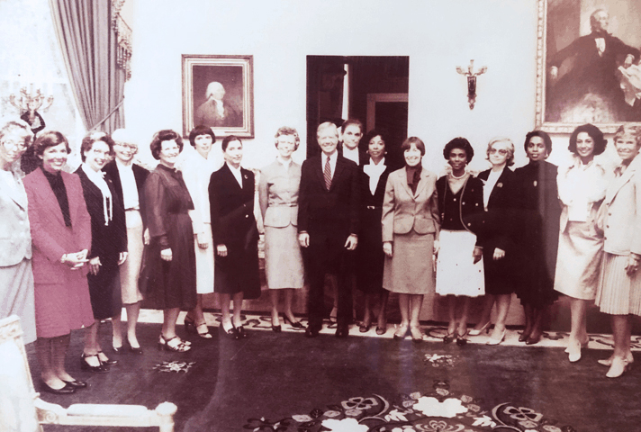 In 1980, President Jimmy Carter met with members of the National Association of Women Judges, many of whom he had appointed to the federal bench. Second and third left of Carter are Justice Ruth Bader Ginsburg, who joined the Court of Appeals for the District of Columbia in 1980, and Mary Murphy Schroeder, appointed to the 9th Circuit Court in 1979. (Courtesy Murphy Schroeder via U.S. Courts)