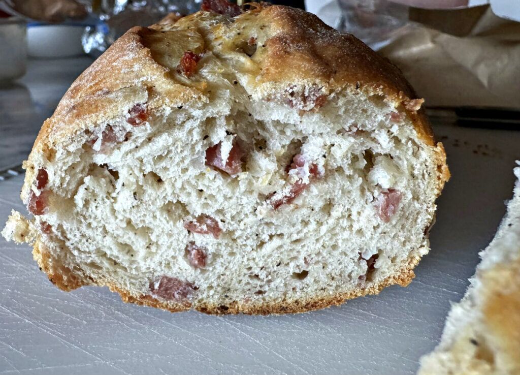 Made with cubed provolone cheese and soppressata salami mixed into the dough, the provossata bread is a Reis original.<br />(Sarah Baker Hansen / Flatwater Free Press)
