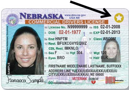 Nebraska drivers will see a gold star on their license, identified by the arrow above, to indicate the card meets Real ID standards. (Courtesy Nebraska DMV)