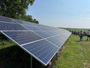 About 65% of the electric needs at Christensen Farms is provided by two solar panels. Graham Christensen said that percentage would be higher if the rural electric utility provided a more generous payment for any excess power generated. This panel generates 20 kilowatts of power.<br />(Paul Hammel / Nebraska Examiner)