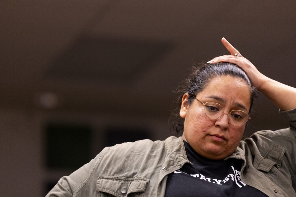 Carina DuMarce rehearses for “By a Thread”, on Tuesday, March 18, 2025.<br />(Anna Reed / Flatwater Free Press)