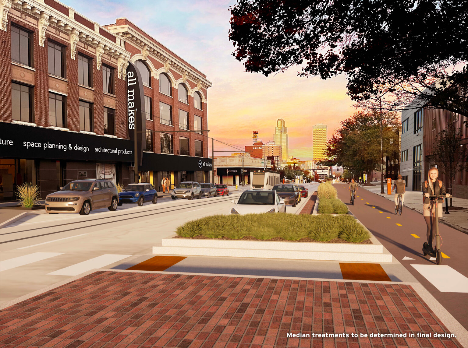 A rendering of Omaha’s planned new bikeway route, the Farnam Street view.<br /> (Courtesy of HDR)