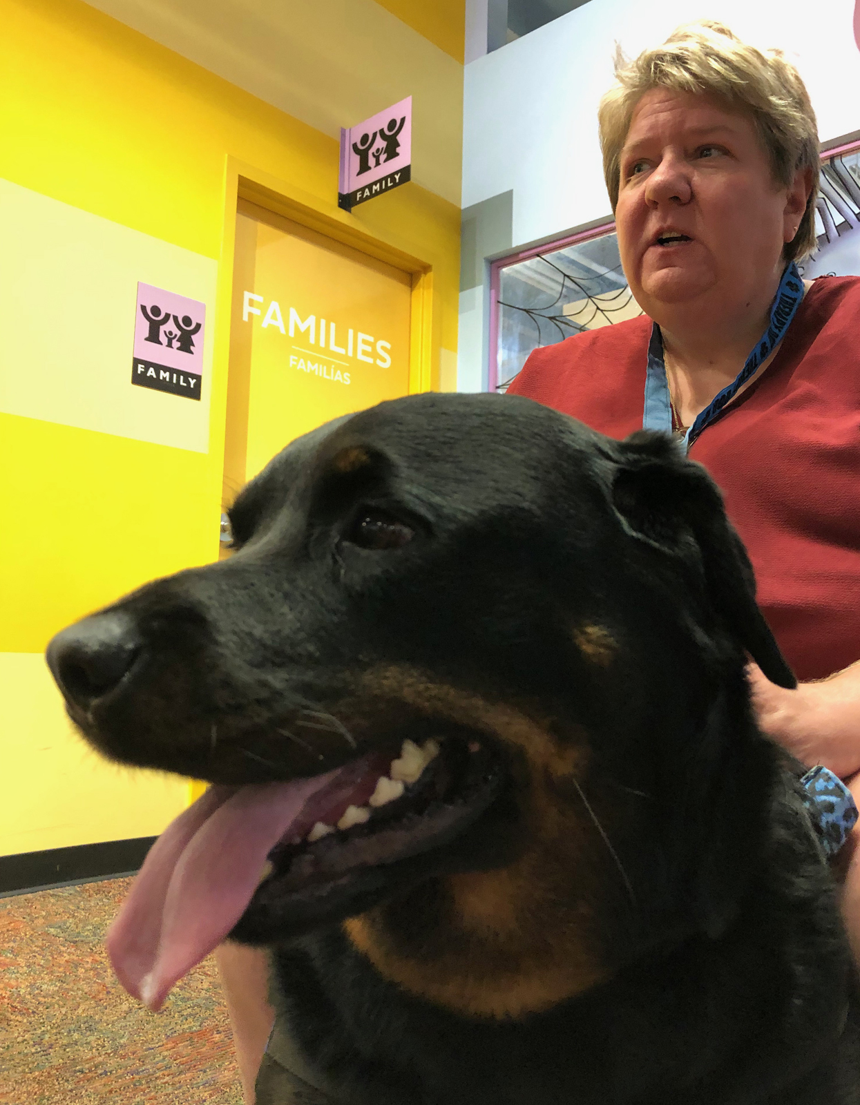 Snickers the therapy dog sits with owner Michelle Doner during the 10th annual Summer Family Reunification Picnic at the Omaha Children’s Museum on June 7, 2019. (Photo by Scott Stewart)