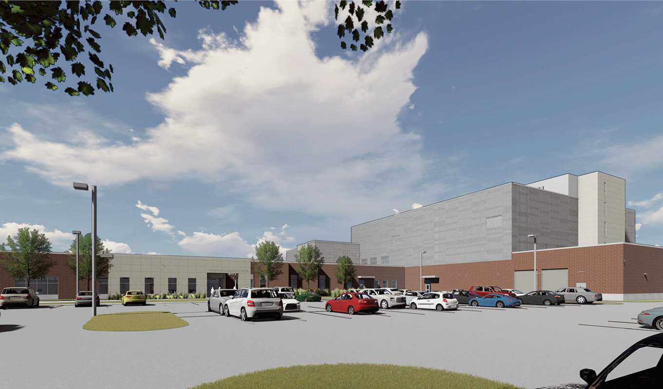 An artist&#039;s exterior rendering of the Sarpy County Correctional Center shown from the campus entry in Papillion. (DLR Group via Sarpy County)