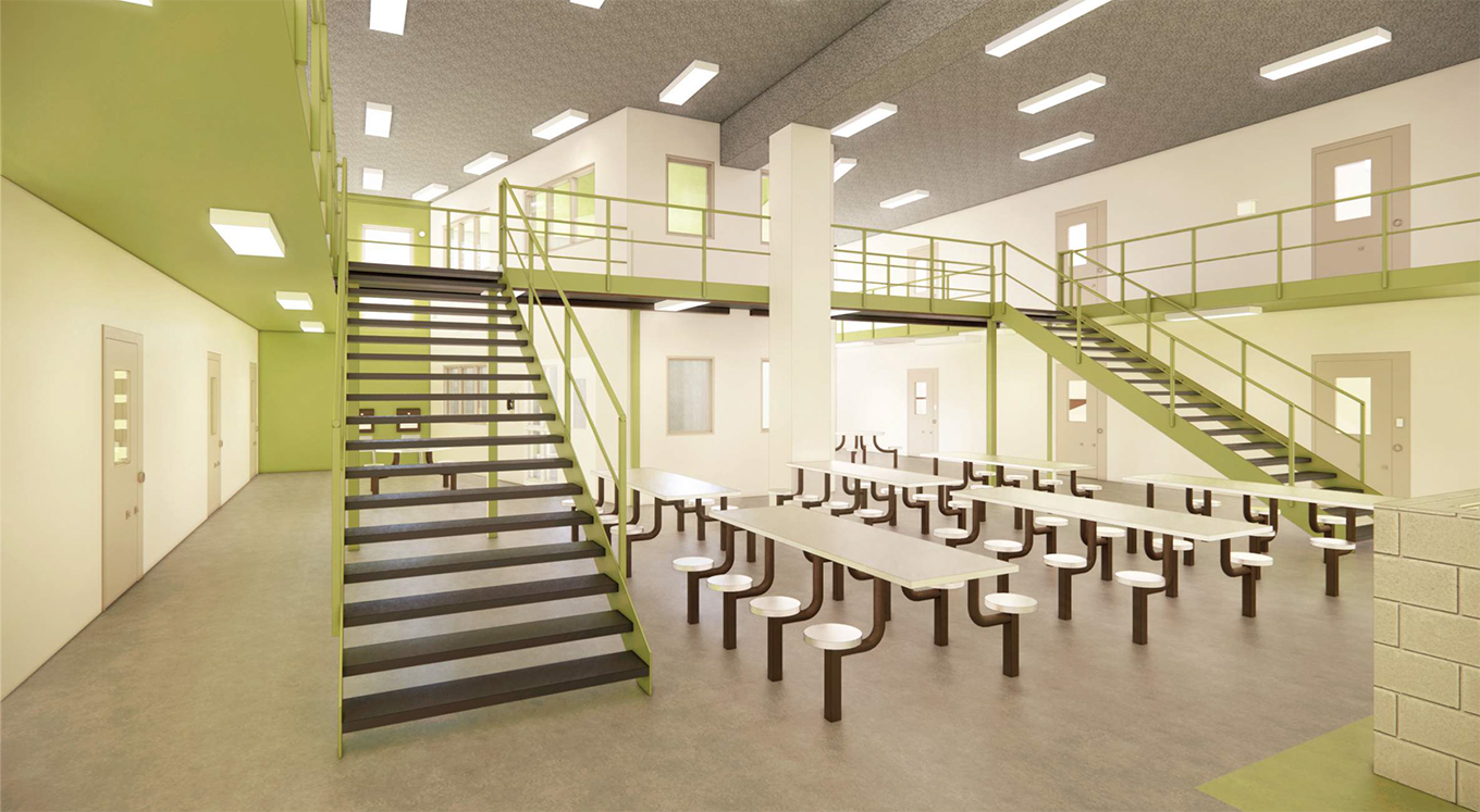An artist&#039;s rendering shows the dayroom of the Sarpy County Correctional Center. Construction is expected to begin next spring on the new jail facility. (DLR Group via Sarpy County)