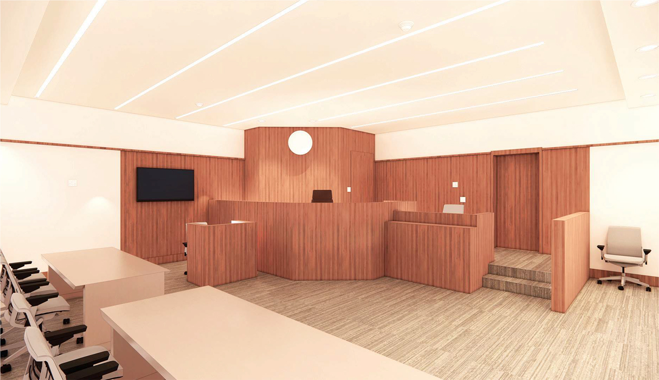 An artist&#039;s rendering shows a courtroom in the planned new Sarpy County Correctional Center. (DLR Group via Sarpy County)