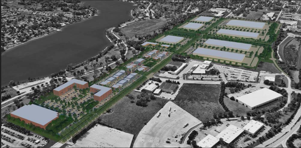Shown here is a 160-acre site of a business park envisioned west of Eppley Airfield and north of Carter Lake. It is within the larger boundaries of Omaha’s Inland Port Authority district.<br />(Courtesy of Lamp Rynearson)
