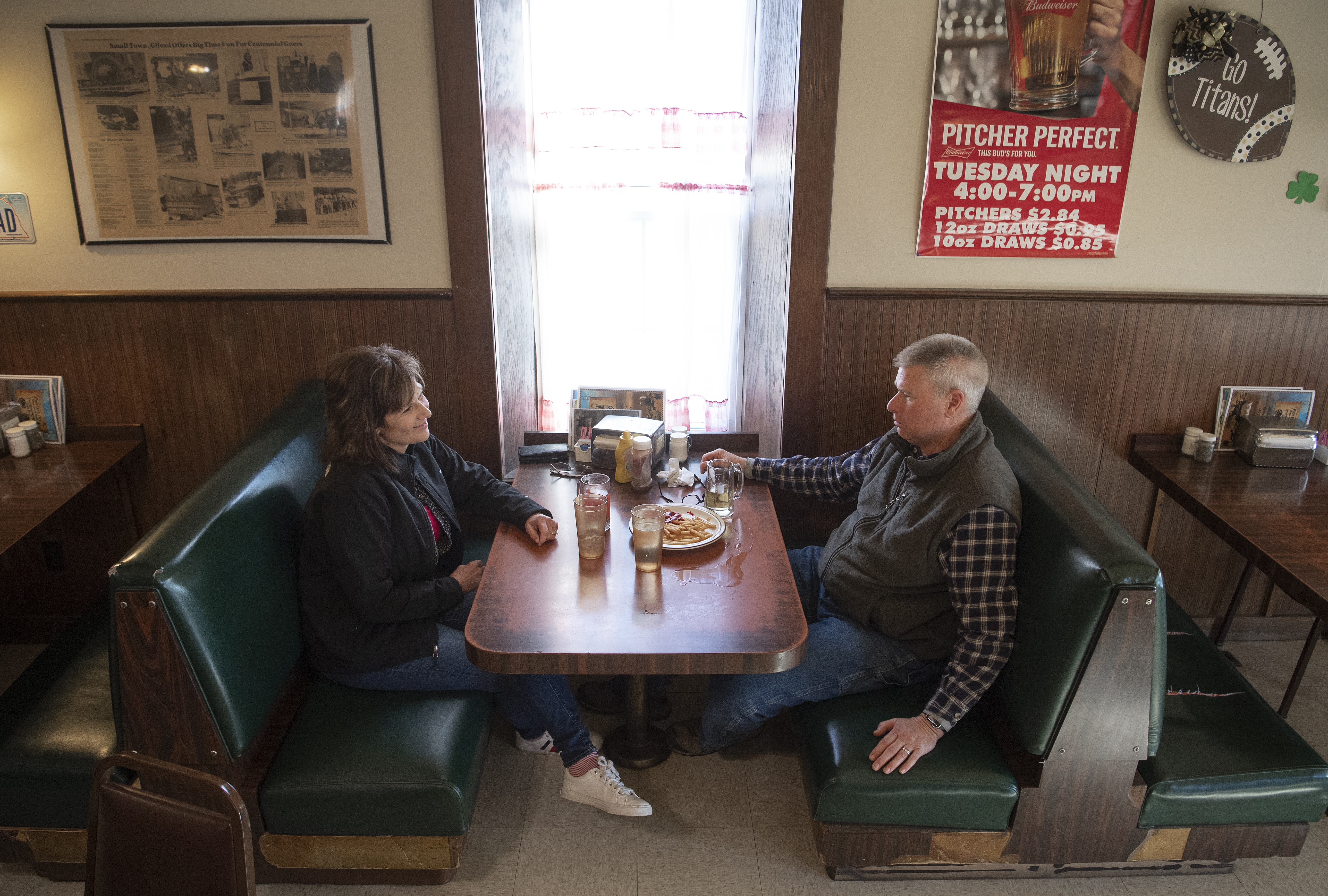 Lori, left, and Kevin Barber of Fairbury enjoy a dinner Friday, March 20, 2020, at the Pioneers Inn restaurant in Gilead. 	(Francis Gardler/Lincoln Journal Star via AP)