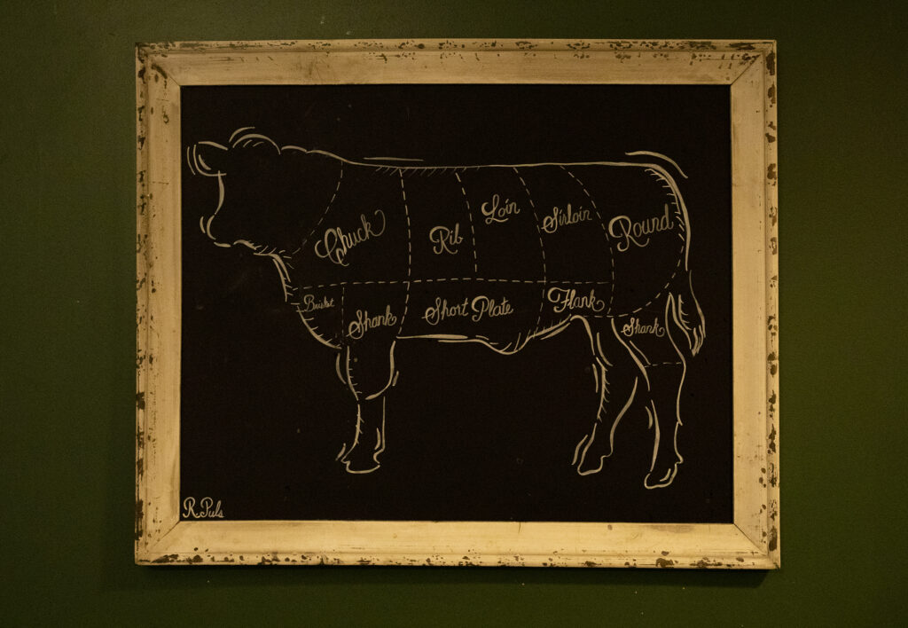 A drawing of the various cuts of cattle inside The Speakeasy, outside of Holdrege, Nebraska.<br />(Laura Beahm / Flatwater Free Press)