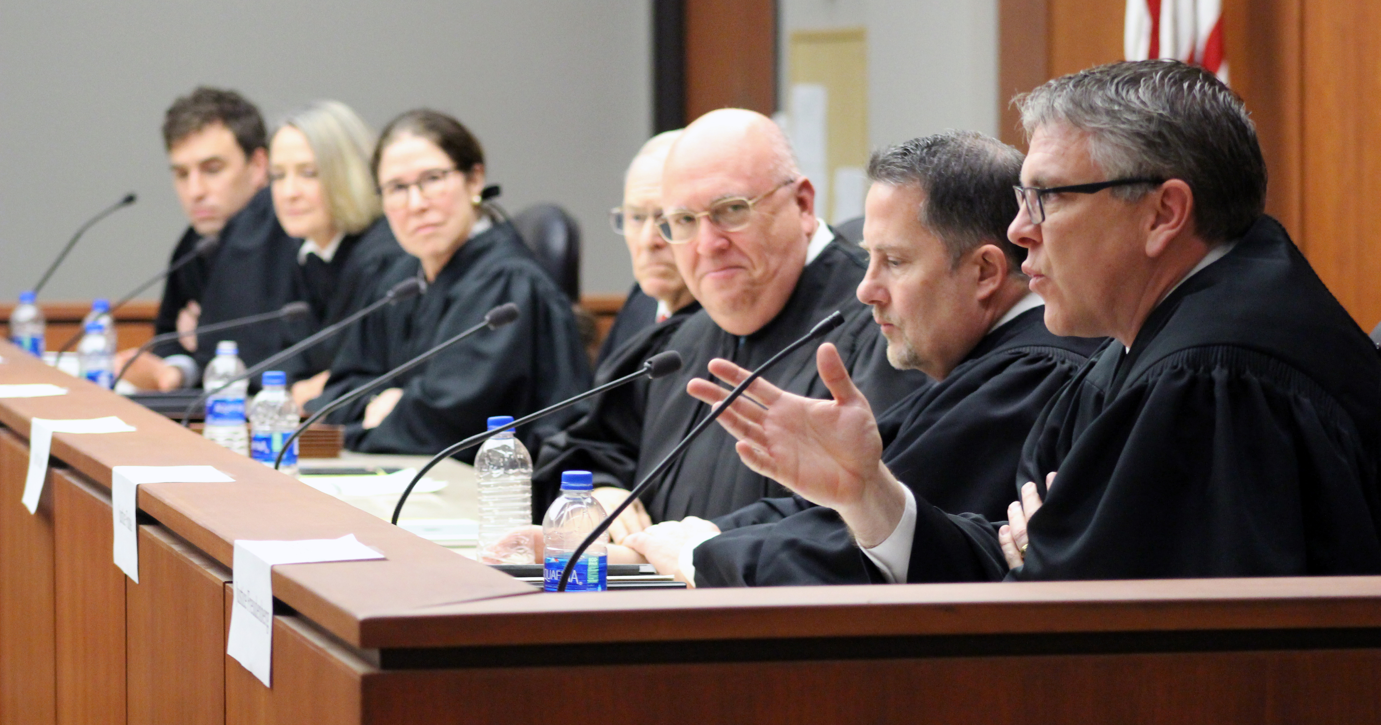 Above, Nebraska Supreme Court justices answer questions from Creighton University School of Law students following an oral argument session held in the Gross Appellate Courtroom at Creighton on March 5, 2020. (Photo by Scott Stewart)