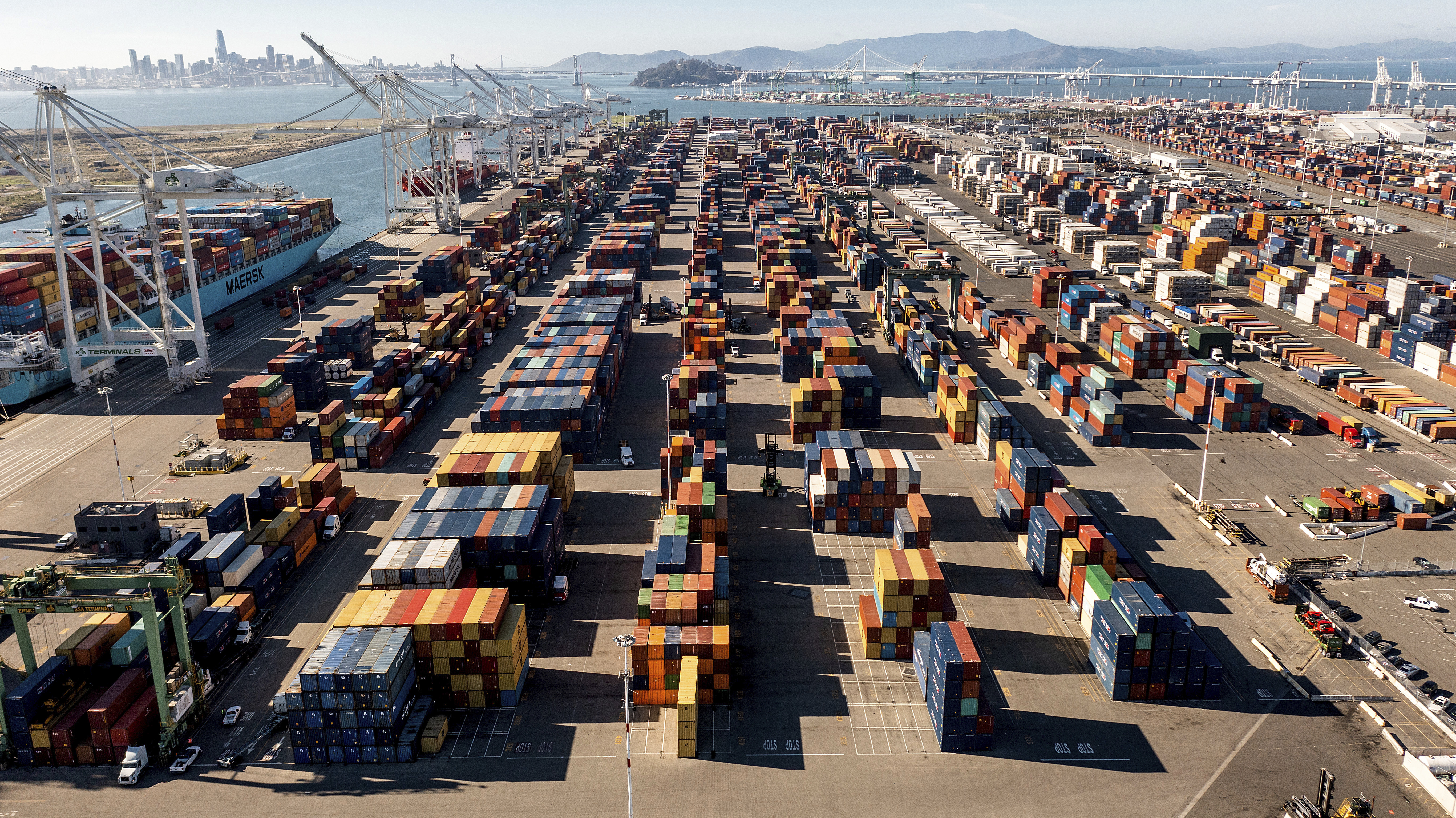Containers line a Port of Oakland shipping terminal on Wednesday, Nov. 10, 2021, in Oakland, Calif. (AP)