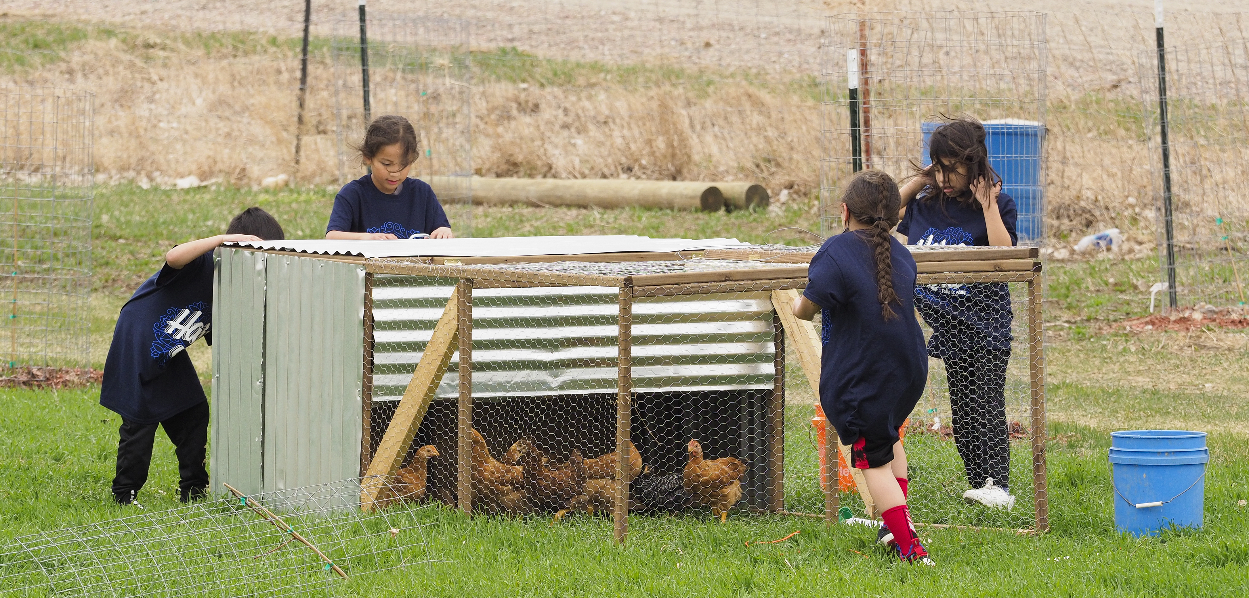 Local tribal school children visit the Winnebago tribal farm to learn about planting and animals on April 22, 2022, near Winnebago. (Jerry L Mennenga / Flatwater Free Press)