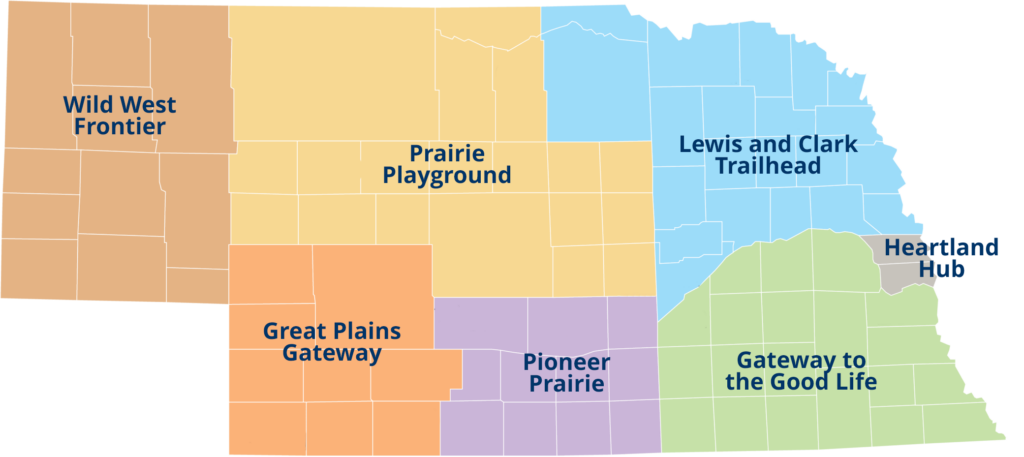 A map showing the different sections available for tours in Nebraska through WanderNebraska.<br />(Courtesy of nshsf.com)