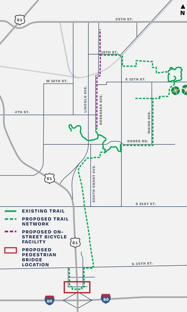 The planned route of the proposed trail, paid for with federal money, that would cut through York and connect two existing smaller trails. Supporters say it would bring in visitors and allow kids to bike to school. Opponents see it as a safety hazard, not an amenity.<br />(Map by Hanscom Park Studio / Flatwater Free Press)