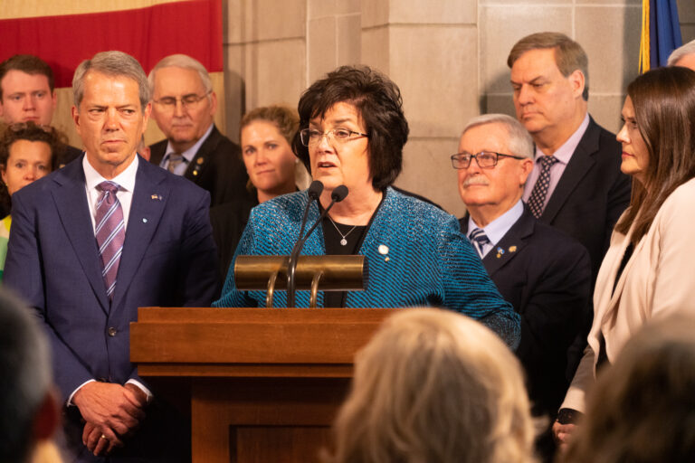 State Sen. Joni Albrecht of Thurston, center. May 22, 2023. 		(Zach Wendling / Nebraska Examiner)