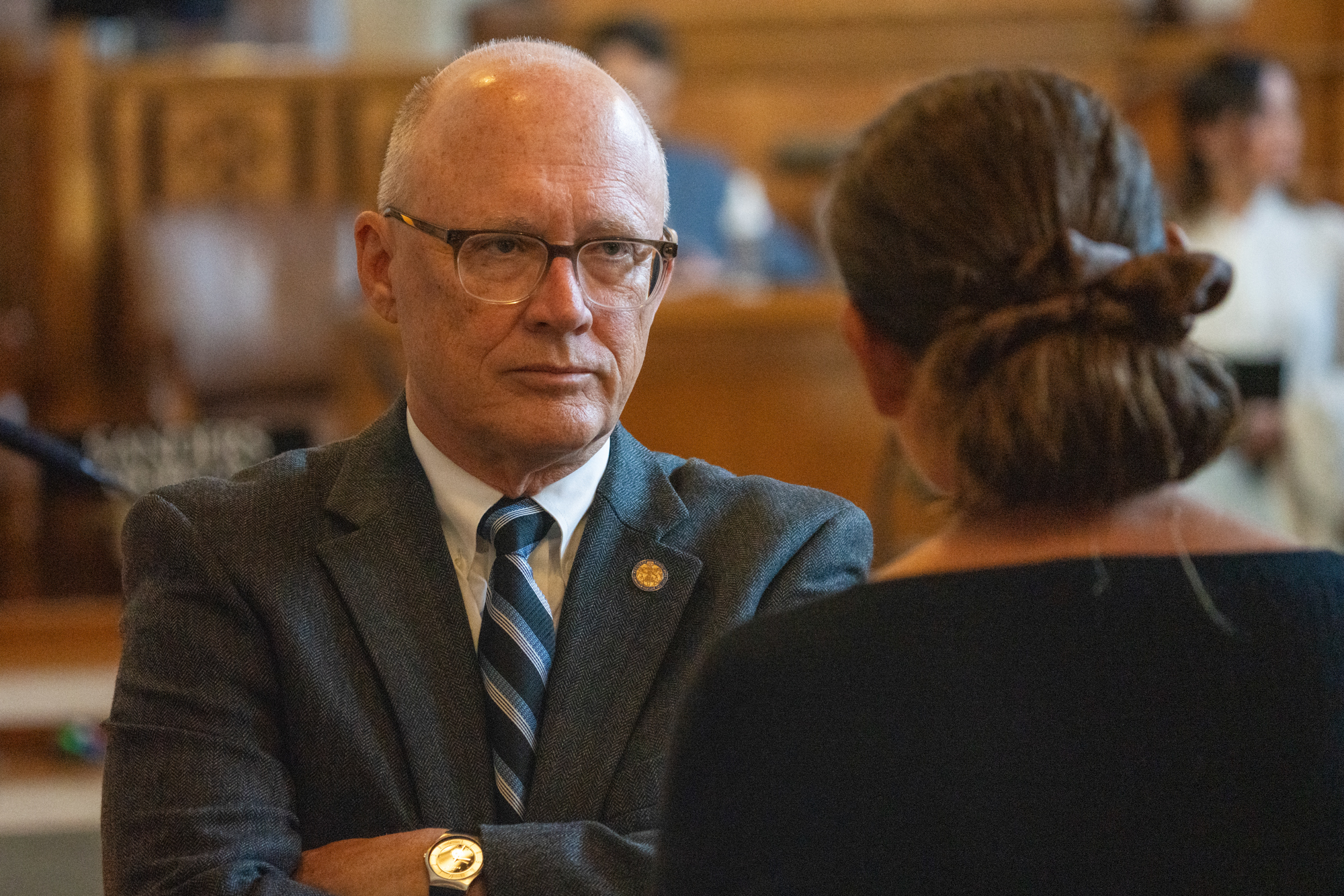 Speaker John Arch of La Vista listens to State Sen. Danielle Conrad of Lincoln, Aug. 2, 2024.<br />(Zach Wendling / Nebraska Examiner)