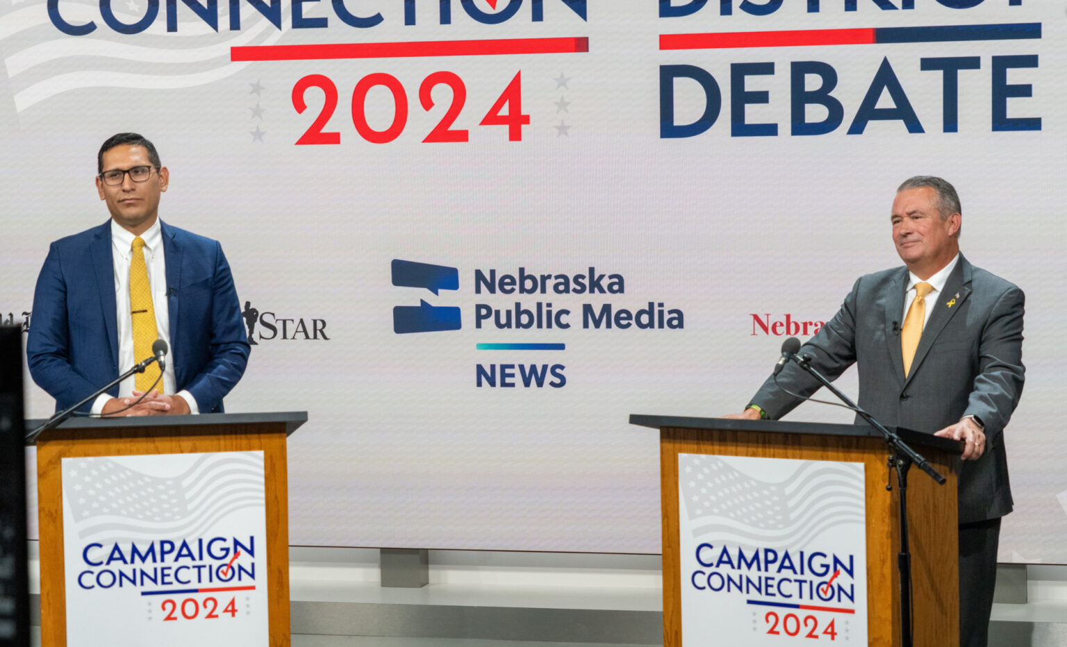 U.S. Rep. Don Bacon, R-Neb. (right), faces his Democratic challenger, State Sen. Tony Vargas (left), in the second of three debates for Nebraska’s 2nd Congressional District on Wednesday, Oct. 9, 2024, in Lincoln.<br />(Zach Wendling / Nebraska Examiner)