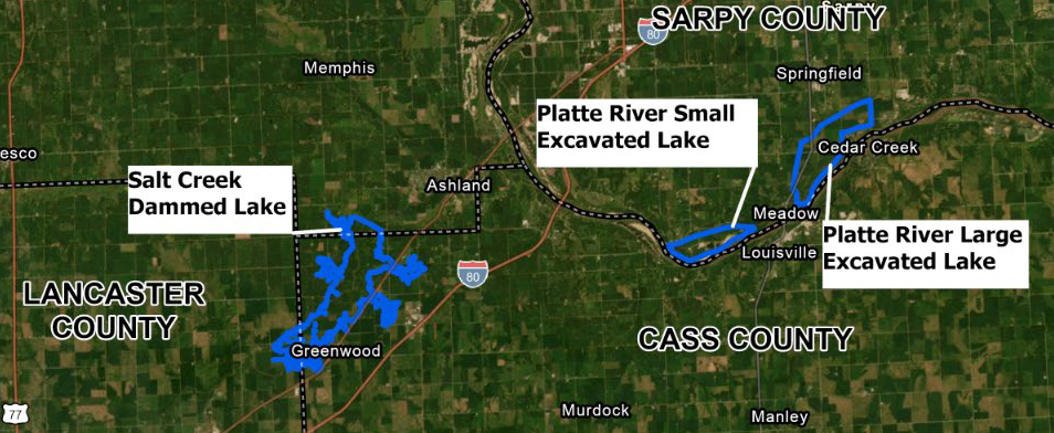 This map shows the alternative sites explored for recreation lakes along the Platte River in south Sarpy County, as well as a proposed site for a recreational dam on the Salt Creek west of Ashland.<br />(Screenshot from Olsson / Black &amp;Veatch report)
