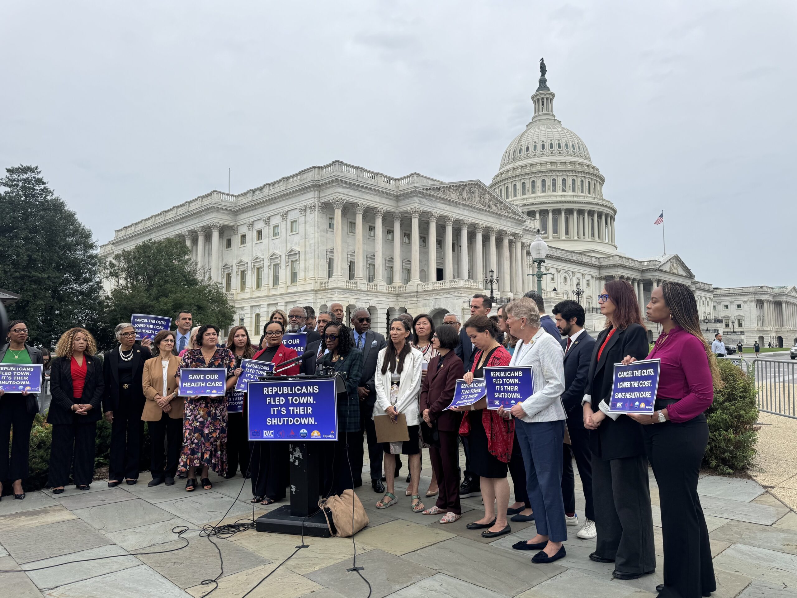Congressional Black Caucus Chair Yvette Clarke, a New York Democrat, speaks at a press conference outside the U.S. Capitol in Washington, D.C., on Sept. 30, 2025.<br />(Shauneen Miranda / States Newsroom)