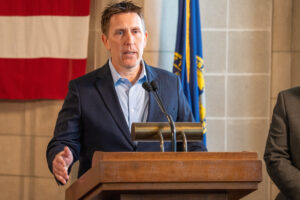Jesse Bradley, newly appointed director of the soon-to-be Nebraska Department of Water, Energy and Environment. Bradley is currently interim director of the two agencies that will be merged in the next couple of months, May 7, 2025.<br />(Zach Wendling / Nebraska Examiner)