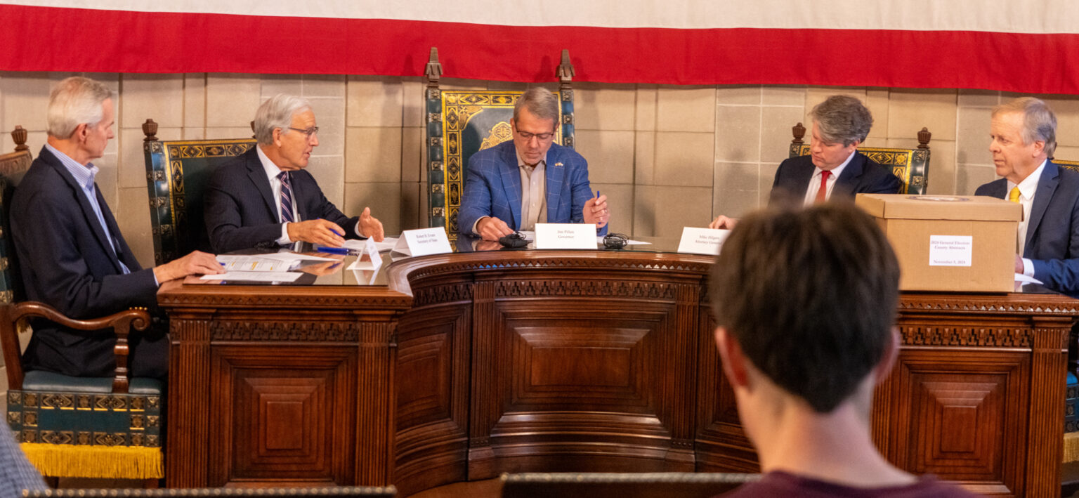 The Nebraska Board of State Canvassers meets to certify the November 2024 general election results on Dec. 2, 2024. From left: State Auditor Mike Foley, Secretary of State Bob Evnen, Gov. Jim Pillen, Attorney General Mike Hilgers and State Treasurer Tom Briese.<br />(Zach Wendling / Nebraska Examiner)