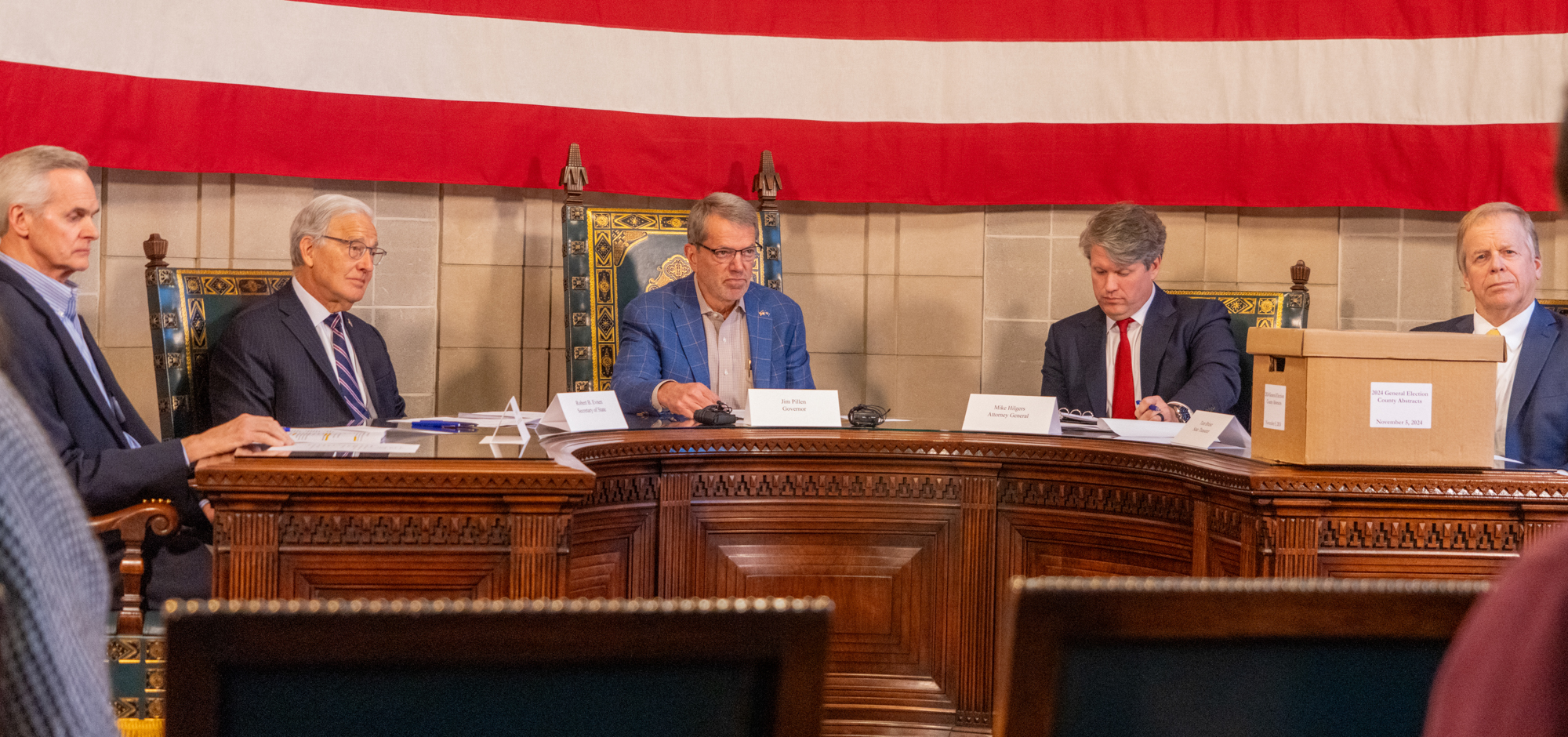 The Nebraska Board of State Canvassers meets to certify the November 2024 general election results on Dec. 2, 2024. From left: State Auditor Mike Foley, Secretary of State Bob Evnen, Gov. Jim Pillen, Attorney General Mike Hilgers and State Treasurer Tom Briese.<br />(Zach Wendling / Nebraska Examiner)