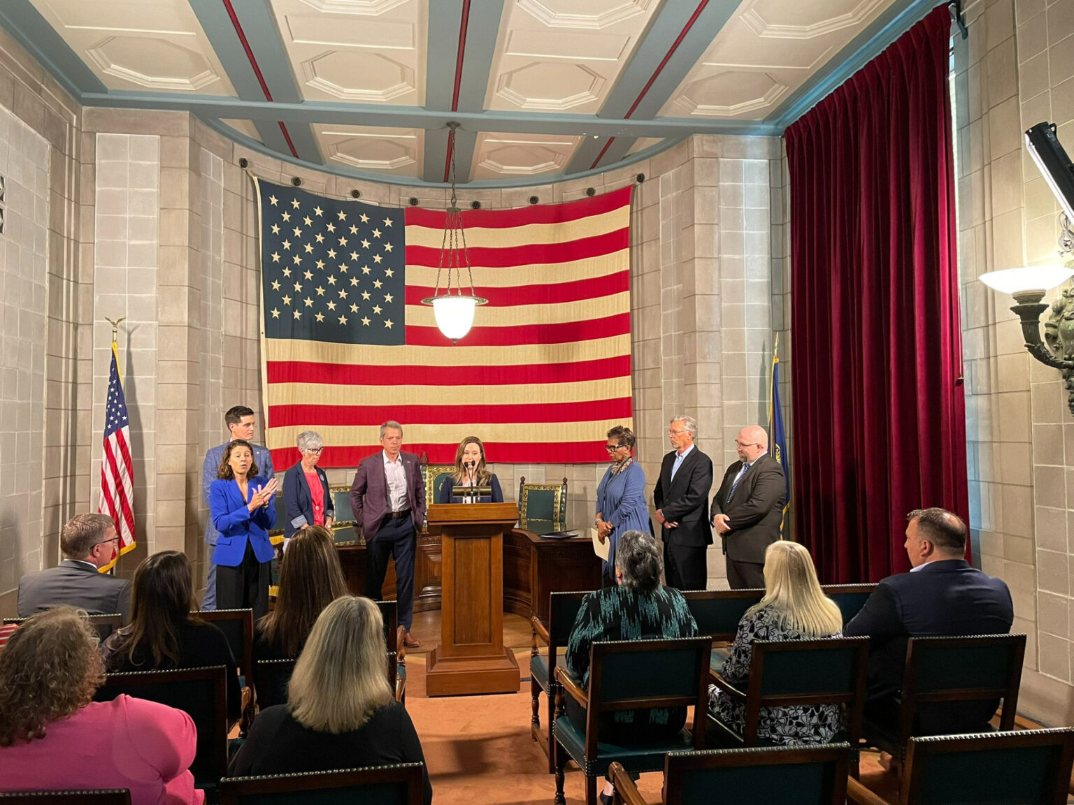 State Sen. Anna Wishart, Gov. Jim Pillen and others at a press conference last year discussing the legislation that creates the new community clinics.<br /> (Courtesy of Governor’s Office)