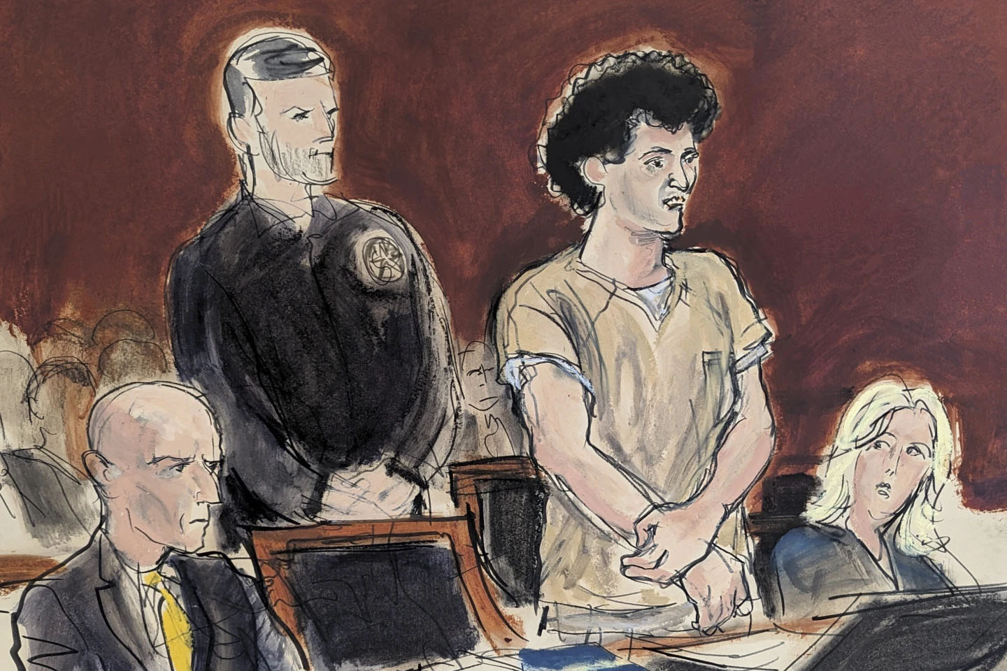 In this courtroom sketch, Sam Bankman-Fried, second from right, stands while making a statement during his sentencing in Manhattan federal court, Thursday, March 28, 2024, in New York.<br />(Elizabeth Williams / Associated Press)