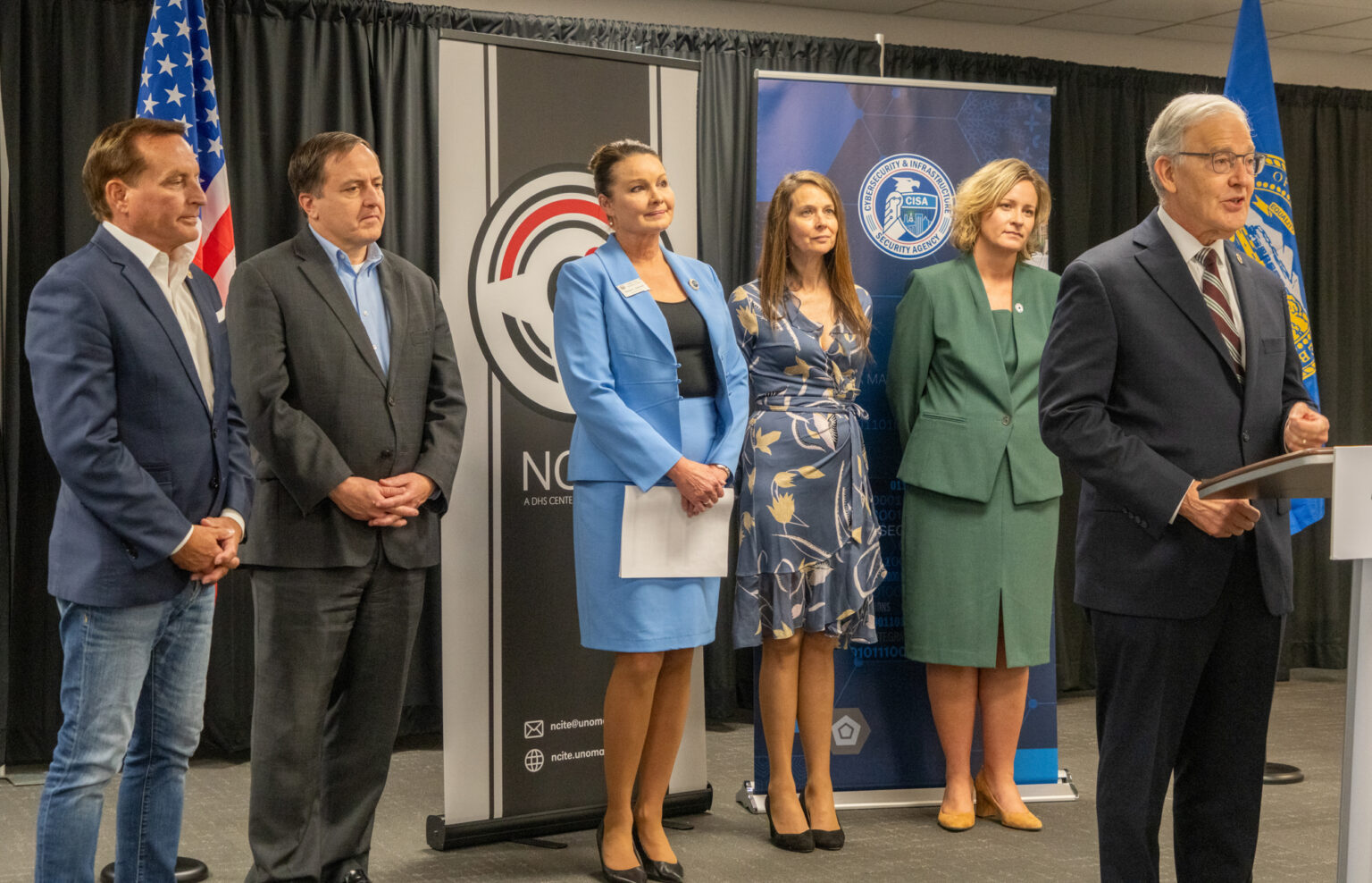Nebraska Secretary of State Bob Evnen, at podium, leads a Wednesday news conference in Omaha into election security and integrity.<br />(Zach Wendling / Nebraska Examiner)