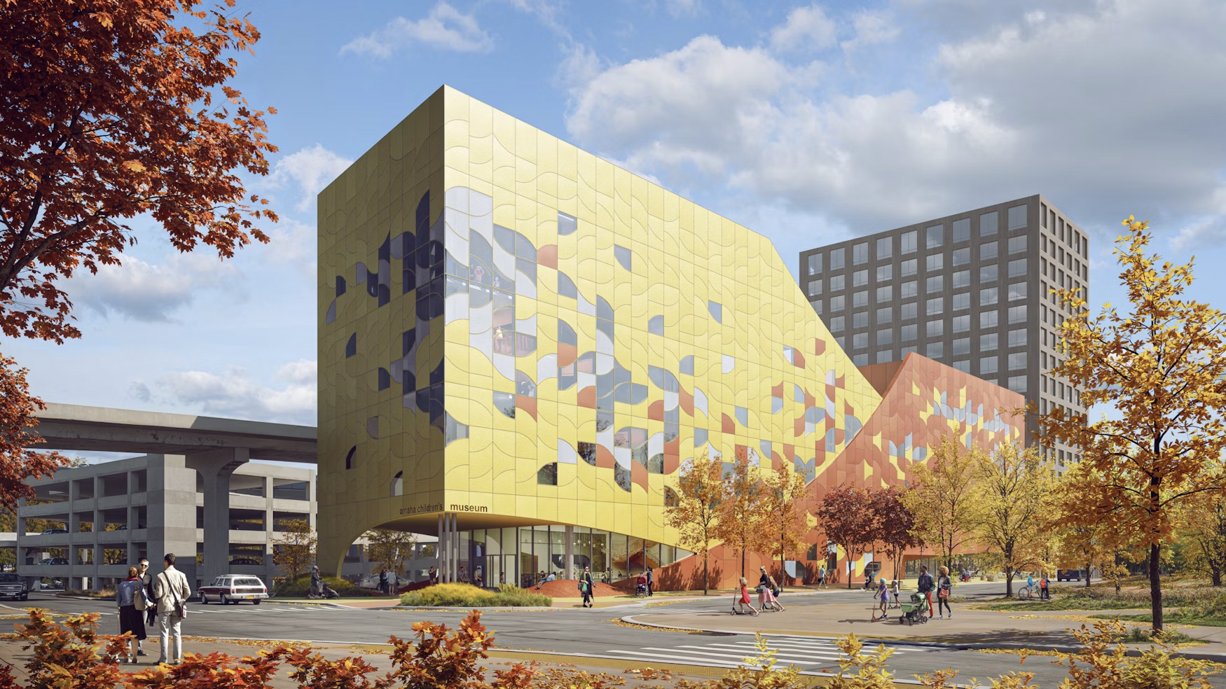 Station wagon in front of the rendering of the future Children’s Museum represents how it all started nearly a half-century ago. Snøhetta, architecture and landscape partner, previously led renovation of Omaha’s Joslyn Art Museum. Other partners include Roto, Alley Poyner Macchietto Architecture and Kiewit Building Group.<br />(Courtesy of Snøhetta and Tegmark)