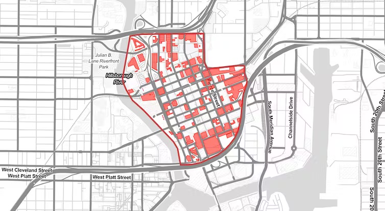In Tampa, Fla., 30% of the city’s central business district is devoted to parking (shaded areas). As of July 2023, the city had not implemented parking reforms. (Parking Reform Network)