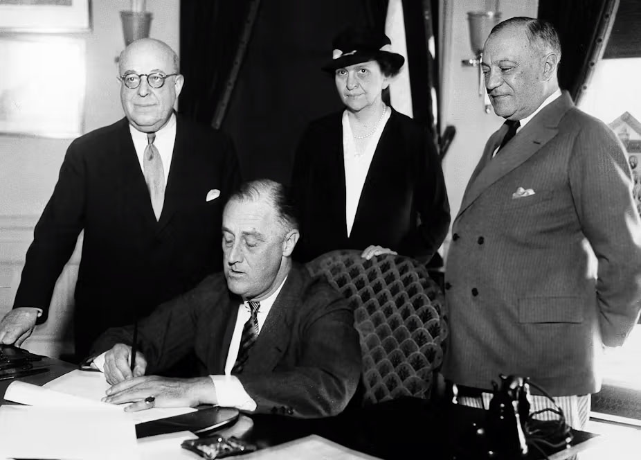 President Franklin D. Roosevelt signed in 1933 the law that led to the National Labor Relations Board’s emergence.<br />(AP Photo)