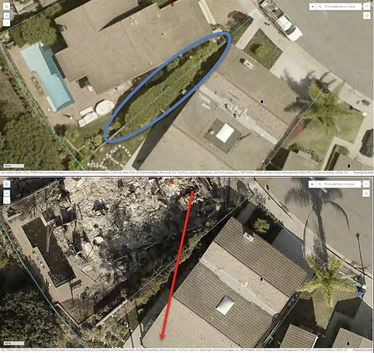 Photos before and after the 2025 Palisades Fire show thick green vegetation between two closely spaced homes. The arrow shows the direction of the fire’s spread.<br />(Max Moritz / CAL FIRE Damage Inspection photos)