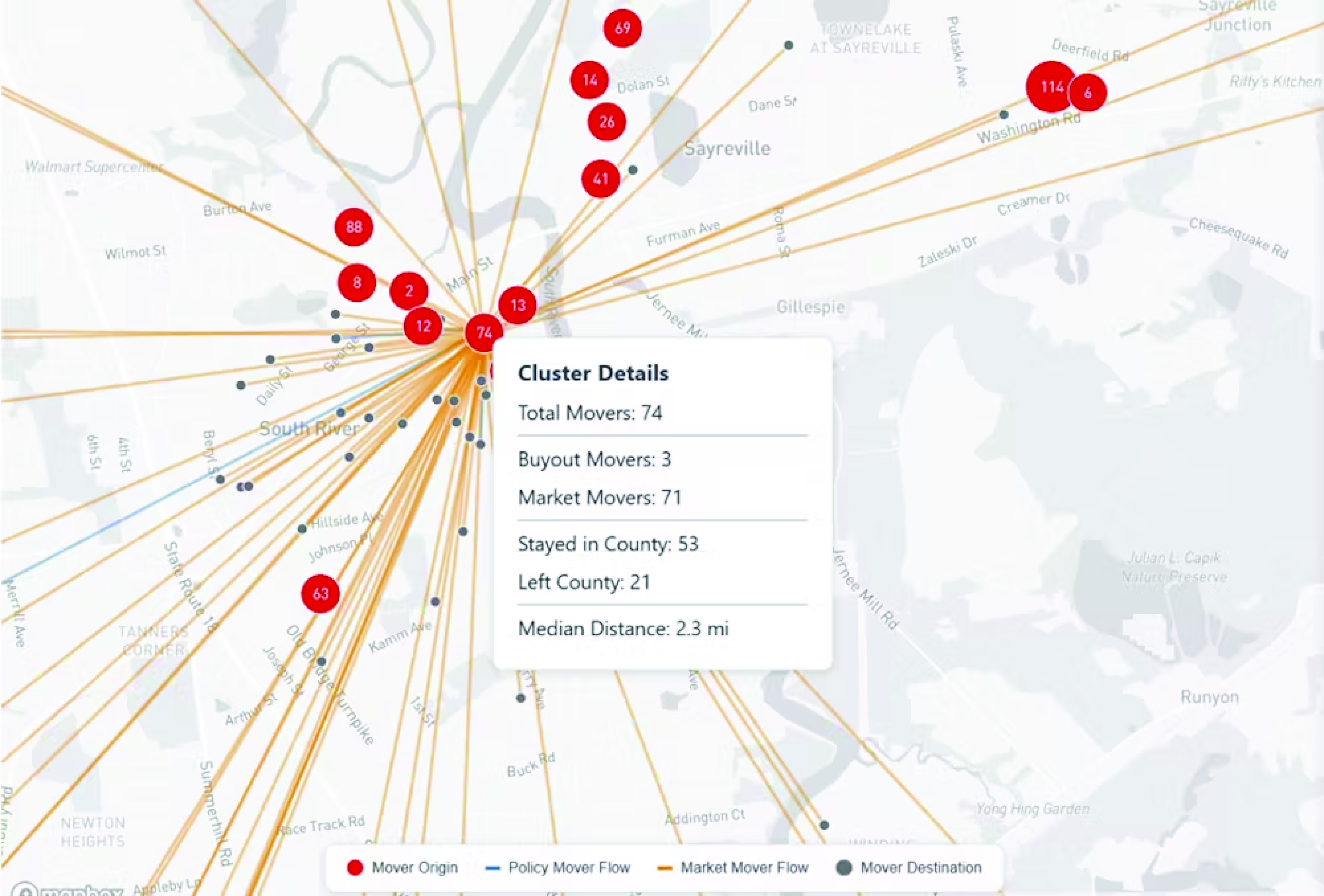 A map of buyouts in Sayreville, N.J., shows most people didn’t move far away.<br />(James R. Elliott / The Conversation)