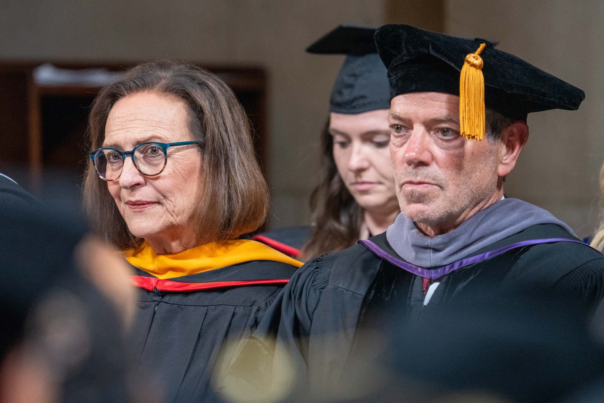 U.S. Sen. Deb Fischer, R-Neb., and Gov. Jim Pillen joined a dozen speakers in favor of President Jeffrey Gold’s installation as head of the University of Nebraska system on Sept. 5, 2024.<br />(Zach Wendling / Nebraska Examiner)