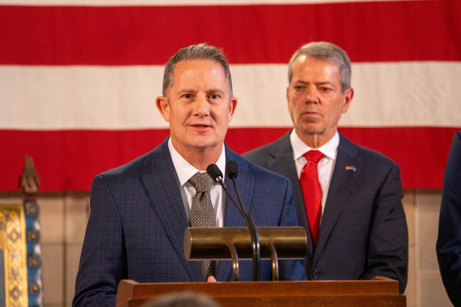 Justice Jeffrey Funke (center) is officially named the next chief justice of Nebraska’s Supreme Court on Friday, Oct. 25, 2024.<br />(Zach Wendling / Nebraska Examiner)