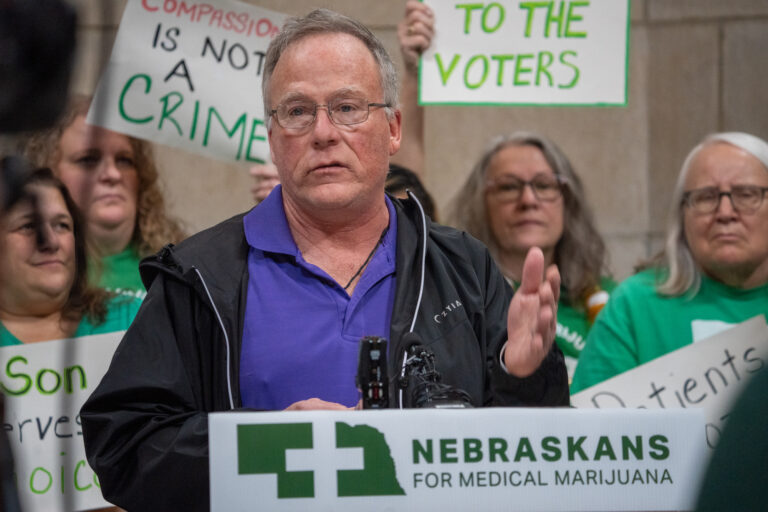 Dominic Gillen speaks in favor of medical cannabis on behalf of his family and others for a safe, regulated system after voter approval in November.<br />(Zach Wendling / Nebraska Examiner)